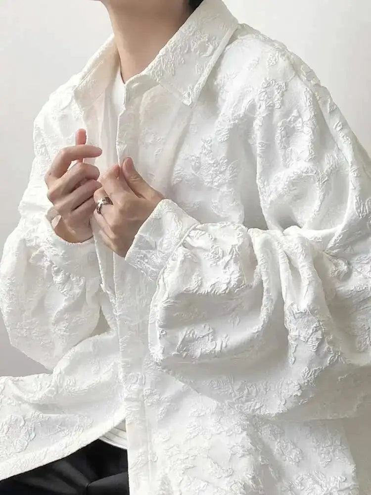 Jacquard shirt in white 2XL with crumpled texture, turn-down collar and oversized bat-wing sleeves, loose fit