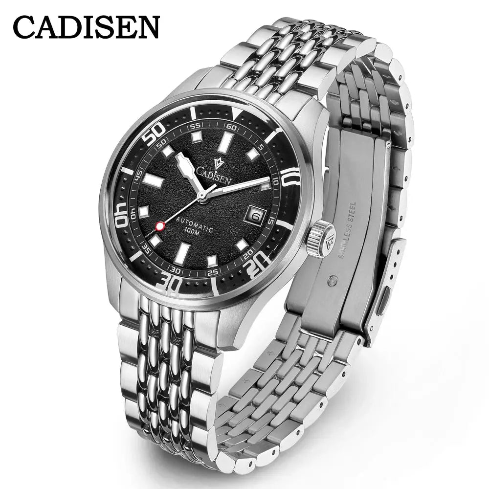 CADISEN automatic men's watch with stainless steel bracelet, black dial, 100m water resistance