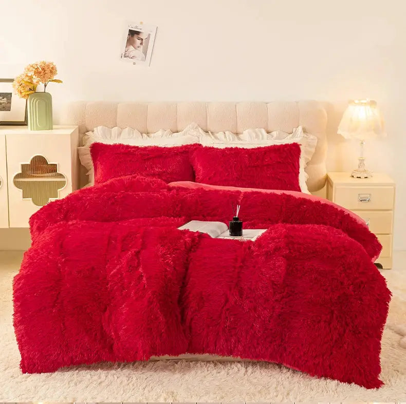 3-Piece Luxurious Plush Duvet Cover Set in vibrant red with fluffy shaggy texture on beige bed