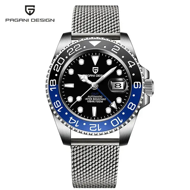 Pagani Design V3 GMT men's watch with blue/black bezel, stainless steel mesh band, 40mm sapphire automatic