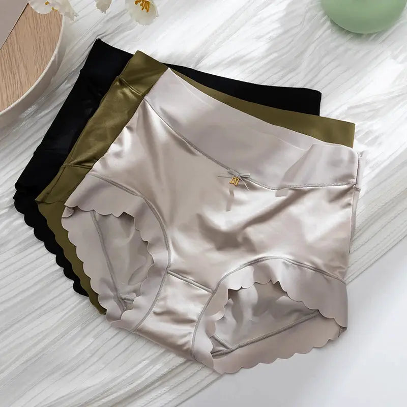 Simples Market Silk panties, 4-pair mid-rise satin briefs in beige, black, olive, and light pink