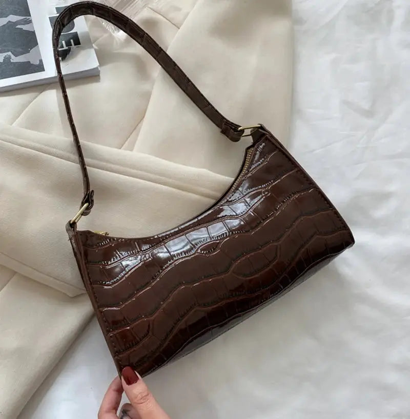 Simples Market brown alligator-pattern PU leather underarm handbag for women with short strap