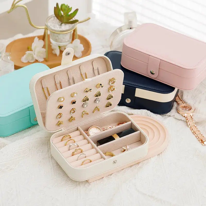 VoyageLux Leather Portable Jewelry Storage Box Travel Organizer For Earrings Necklaces Rings Case