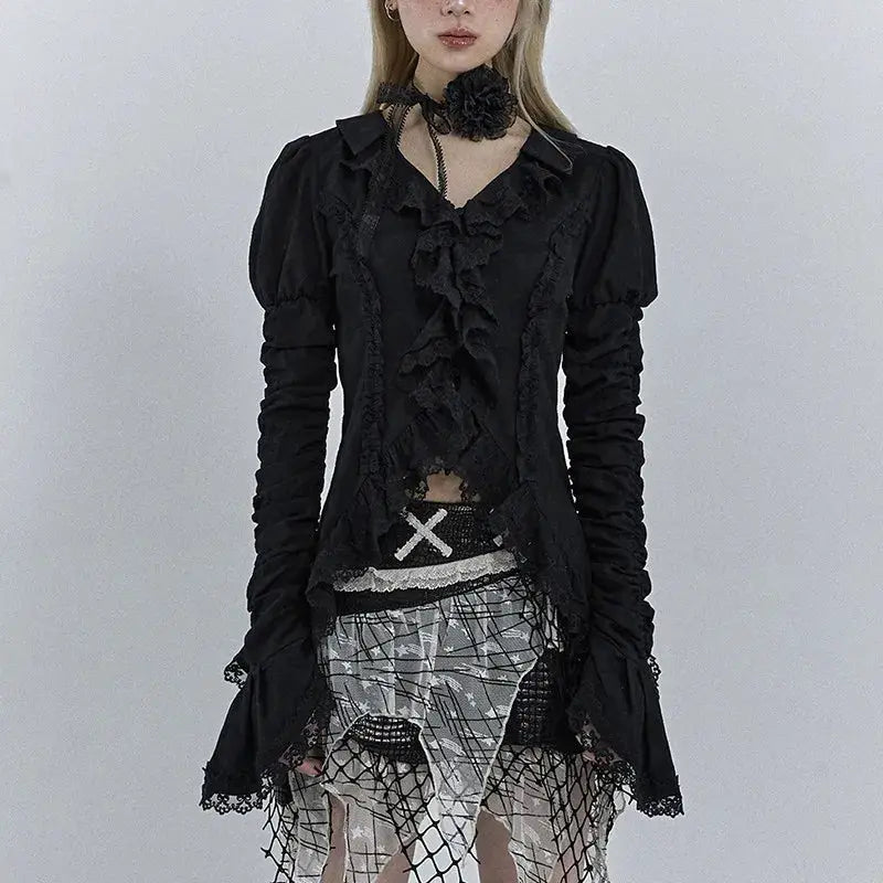 Karrcat Gothic black lace shirt with V-neck, ruffled trim, and long ruched flared sleeves