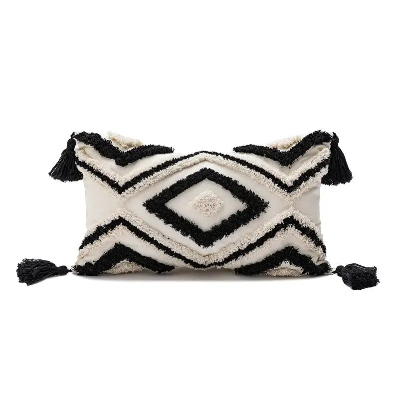 Pillow cover white tufted diamond pattern with black tassels, Boho sofa decor cushion