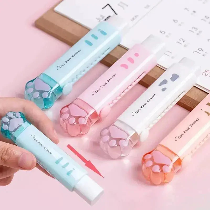 Cat Paw Eraser set with retractable push-pull design in pastel colors (mint, blue, pink, peach, white), 5-piece.