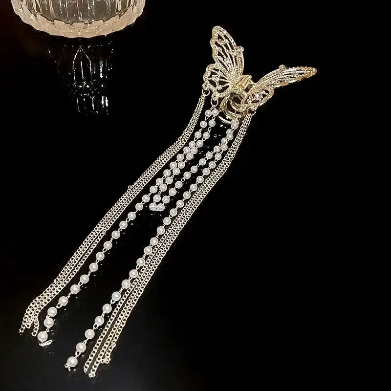 Butterfly Hair Clip With Long Tassel Elegant Imitation Pearl Rhinestone Hairpins For Women Jewelry