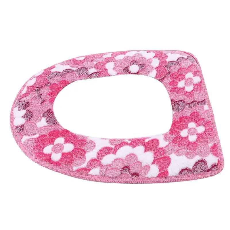 Pink floral plush toilet seat cover with hole, universal fit bathroom mat