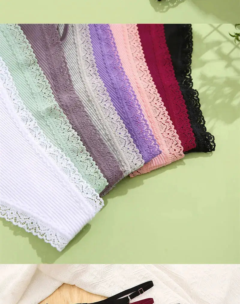 5pcs set of cotton G-string panties in assorted colors with white lace trim