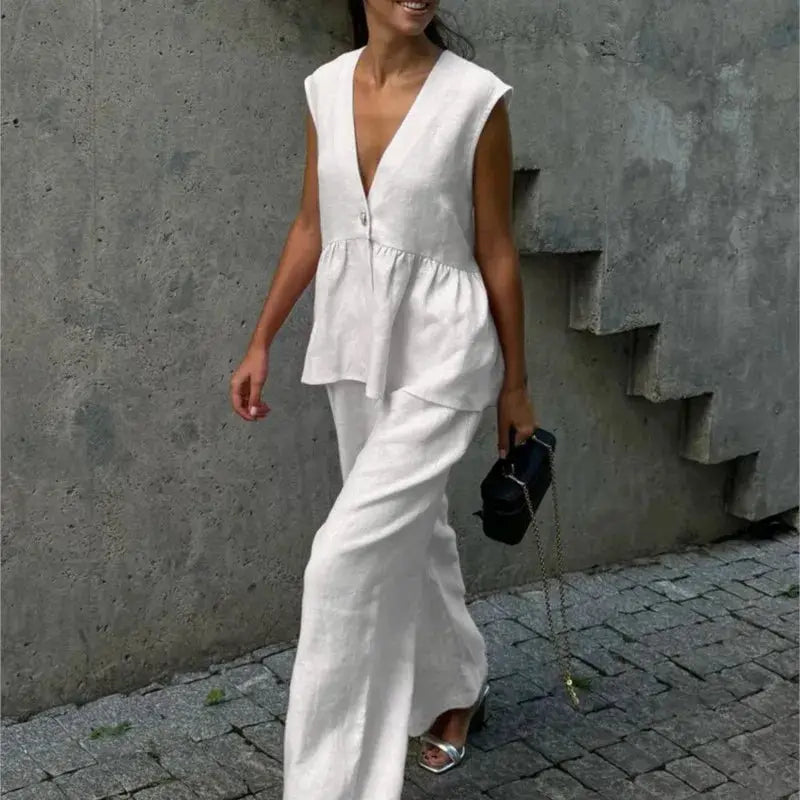 Women Sleeveless V Neck Top Two Piece Summer Set With Straight Pants