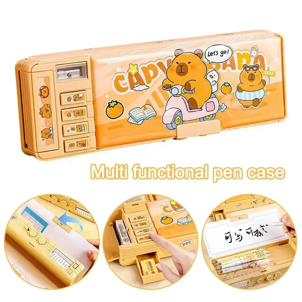 Capibara pen case in orange ABS with cute capybara design; multi-functional pencil box for school and office
