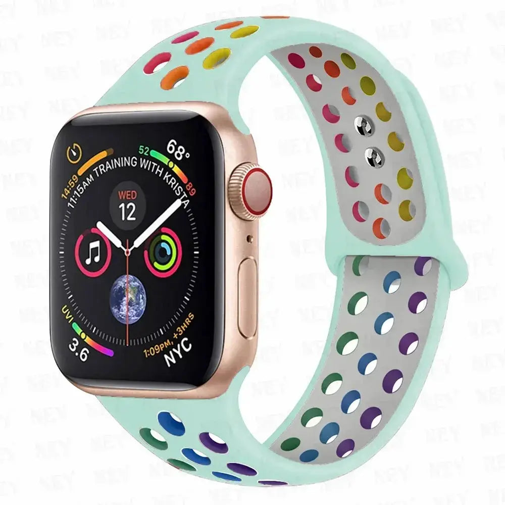 Simples Market silicone sport strap for Apple Watch, mint-green with rainbow perforations (Pride) for 38–45mm.