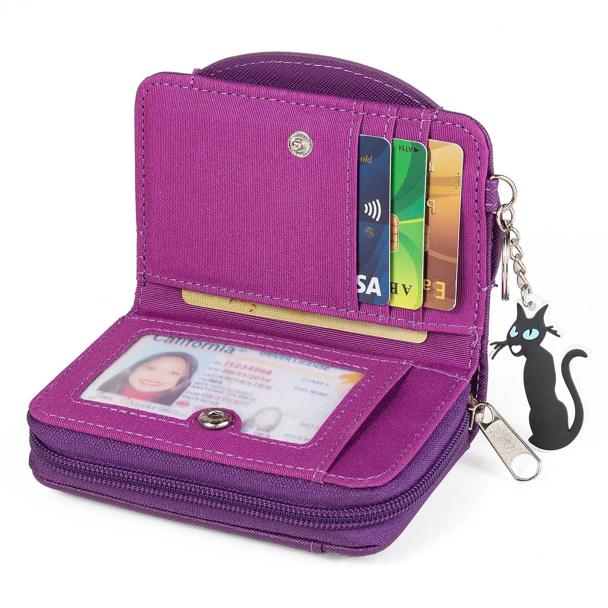 Caroline Sweet cartoon coin purse mini wallet, purple canvas with card slots and clear ID window.