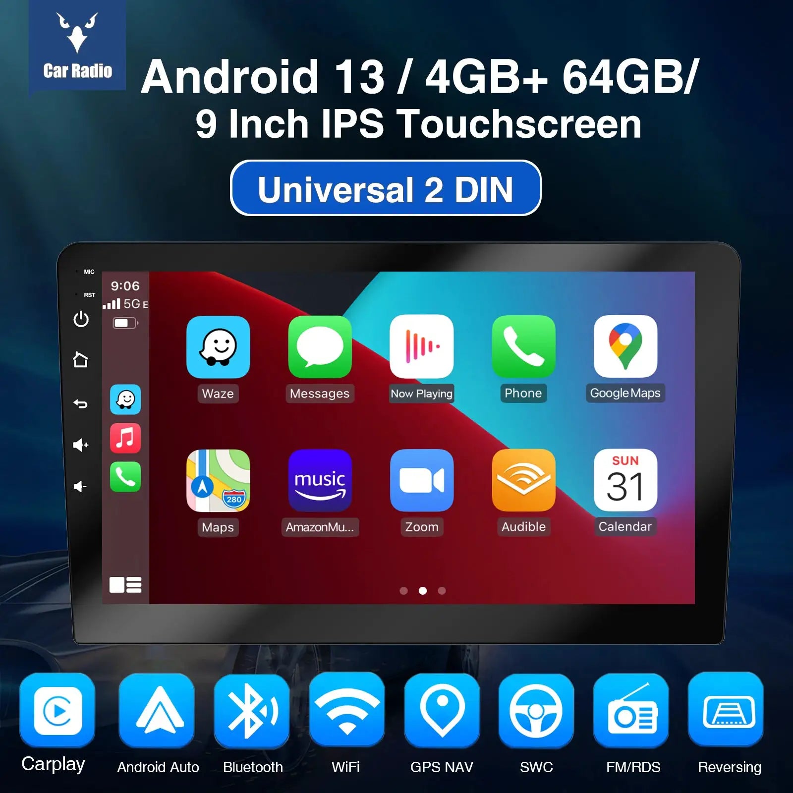 Car radio head unit with Android Auto and CarPlay, 9-inch IPS touchscreen, universal 2-DIN, Simples Market
