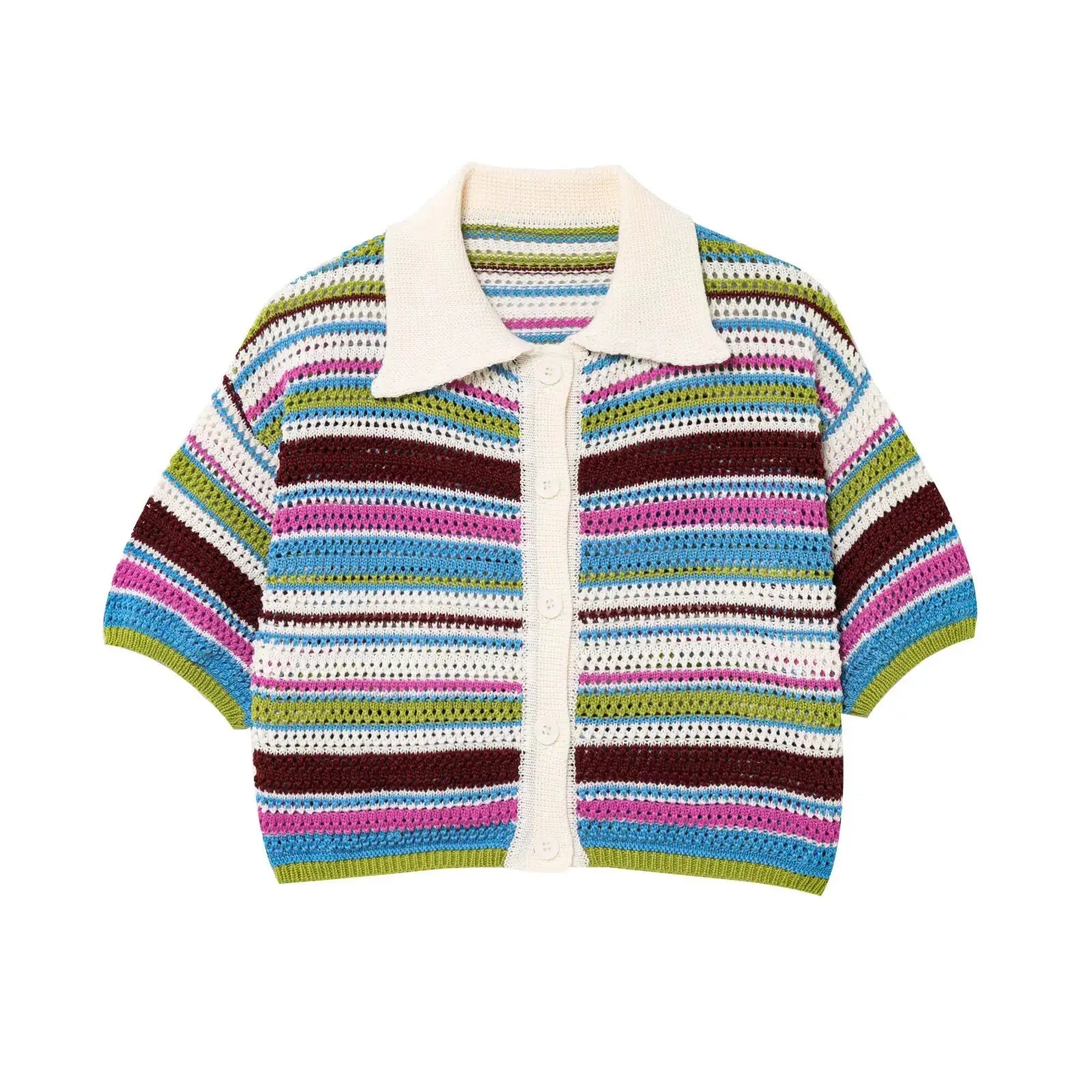 Women Patchwork Striped Crochet Knit Set Polo Collar Shorts Y2K Style