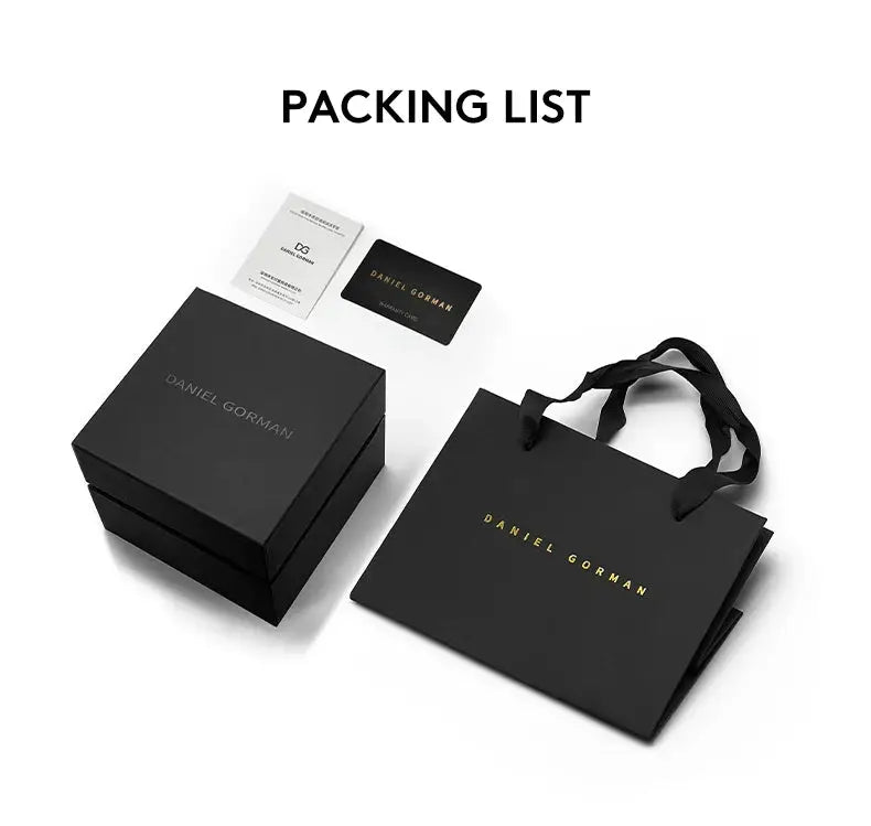 Daniel Gorman watch packaging: black gift box, black Daniel Gorman shopping bag, and warranty cards.