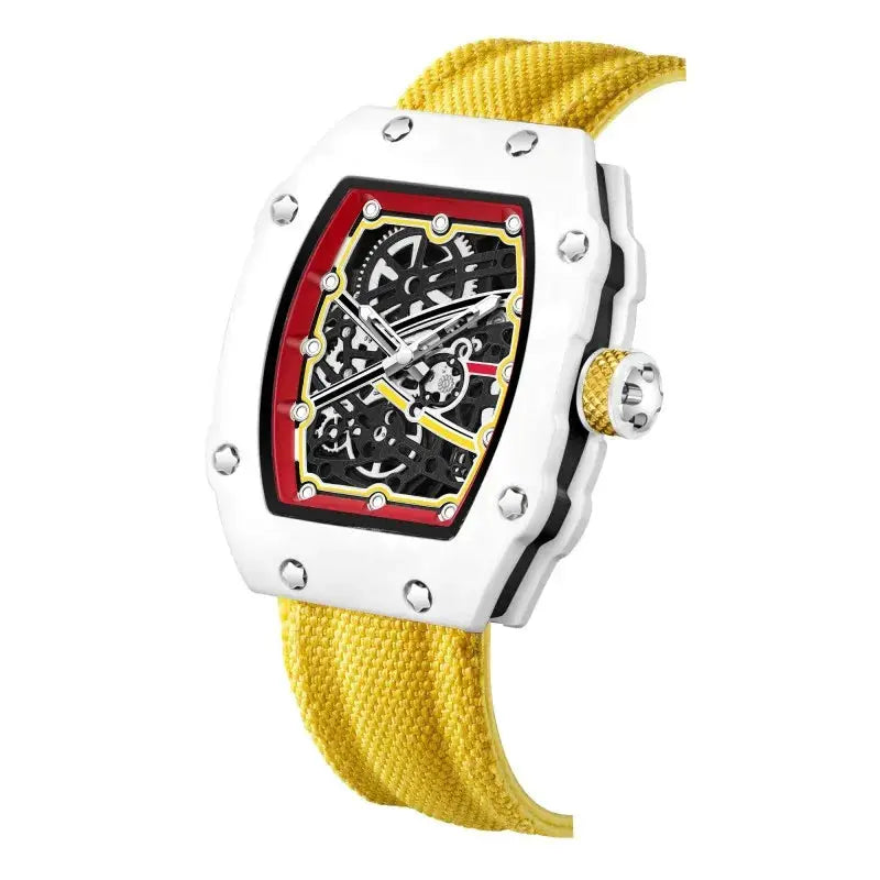 Tonneau skeleton quartz watch with white case and yellow nylon strap