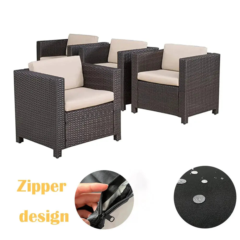 Outdoor wicker sofa cushion set for four; dark brown chairs with beige cushions, zipper closure, water-repellent fabric