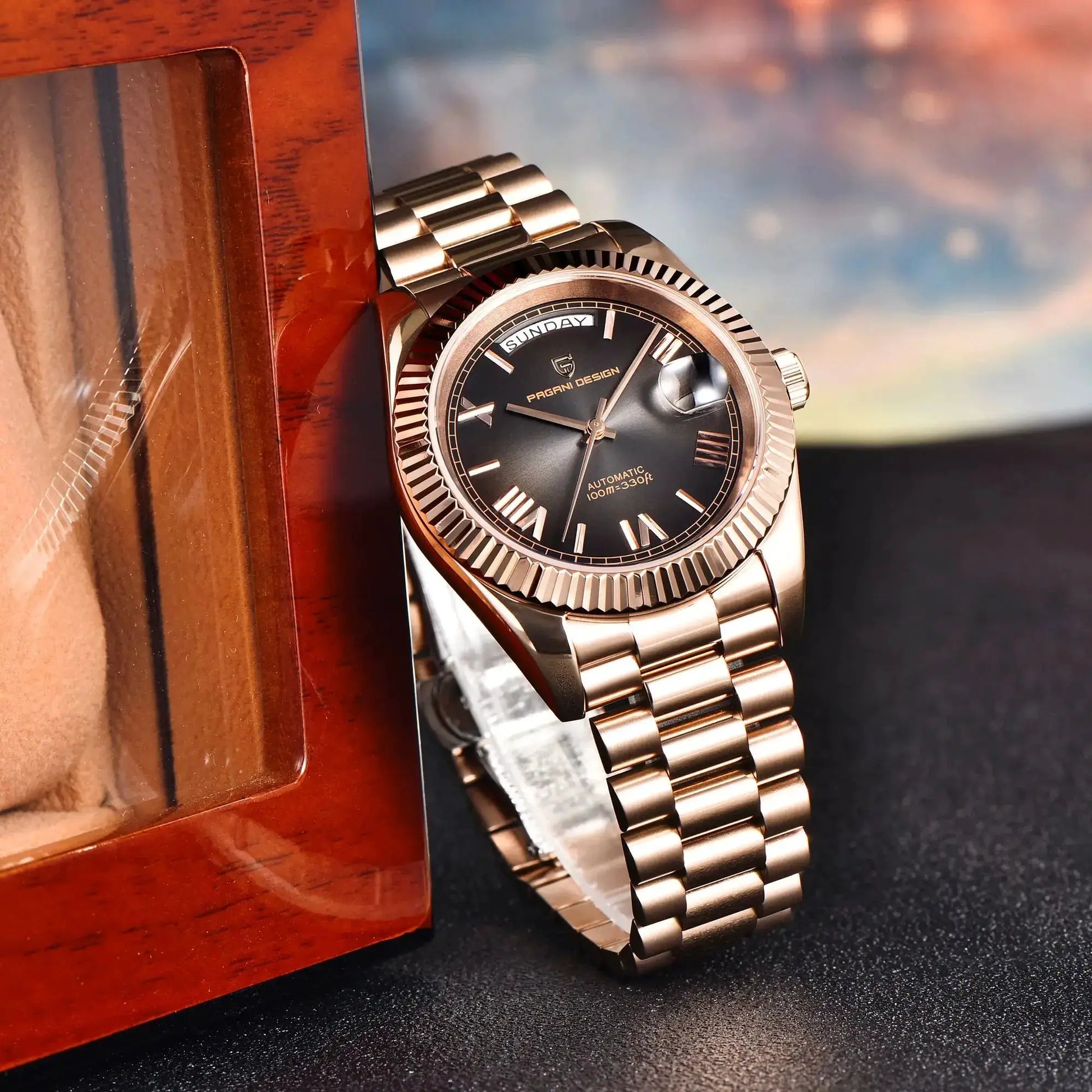 PAGANI DESIGN rose-gold men's automatic wristwatch with sapphire glass, 100m water resistant