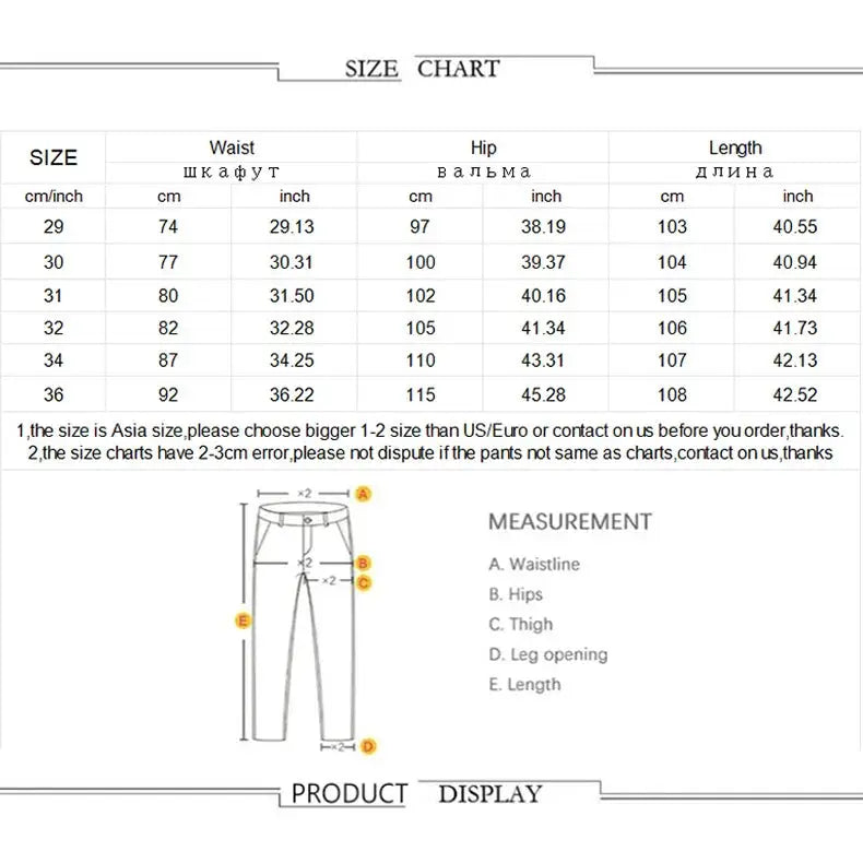 Simples Market men's elastic waist denim cargo pants; size chart and measurement diagram