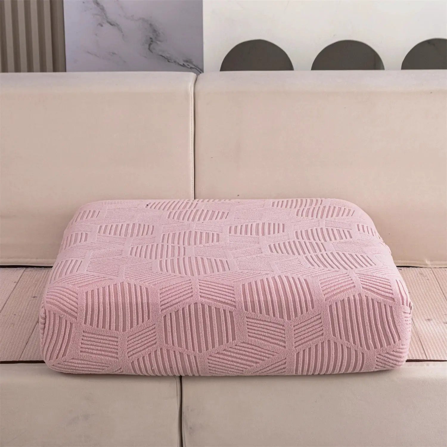 Simples Market 1-Piece pink jacquard stretch sofa cushion cover with geometric pattern