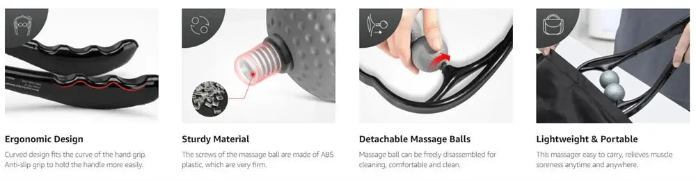 Simples Market neck massager with ergonomic handle, Shiatsu dual-trigger points, sturdy ABS build, detachable balls.