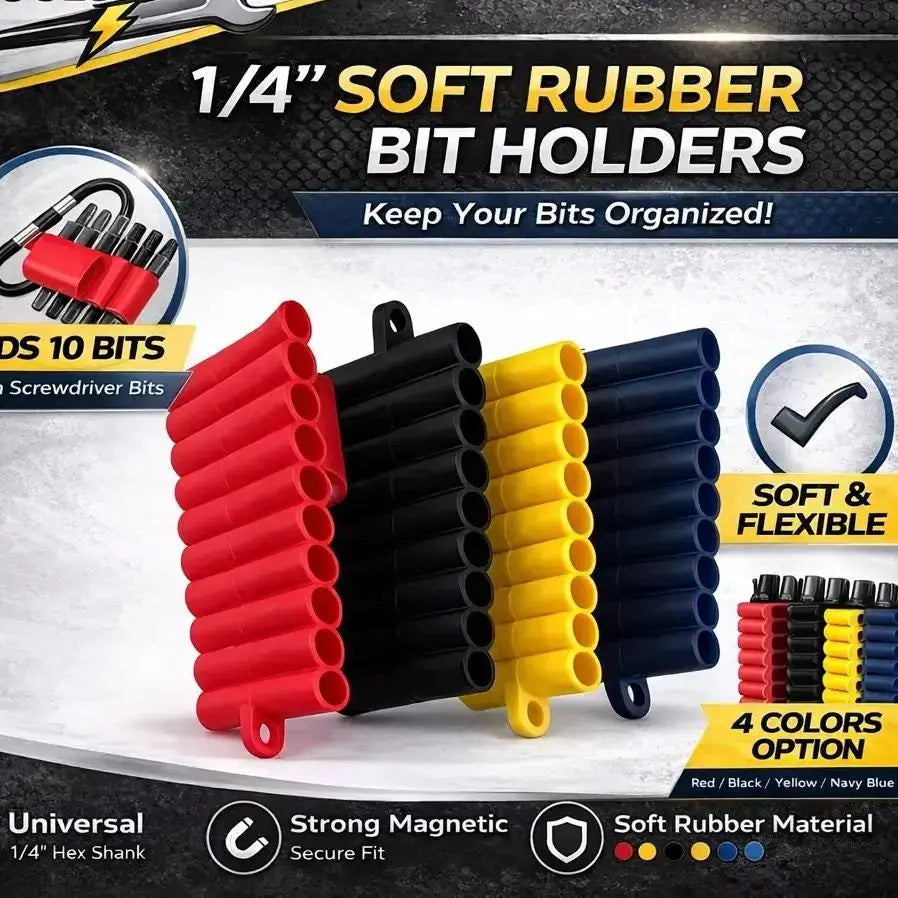 Simples Market HOMEFIS 22-hole soft rubber screwdriver bit holder, 1/4 in hex shank; red/black/yellow/navy blue.