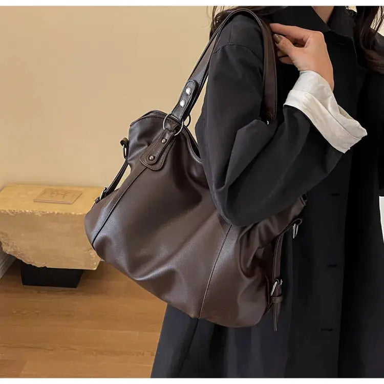 Soft interior compartment brown PU leather shoulder bag by Simples Market with silver hardware