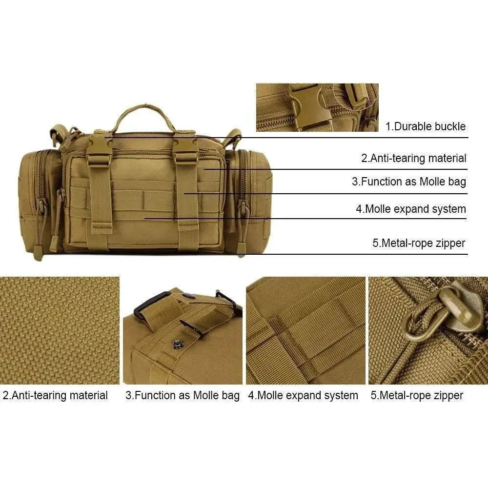 Multifunctional tactical waist and chest bag features durable buckle, anti-tearing material, Molle expand system, and metal-rope zipper.