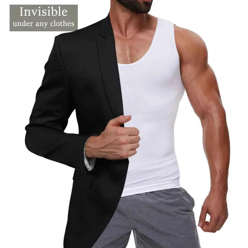 Men's compression shirt by Simples Market, white sleeveless tummy-control vest.