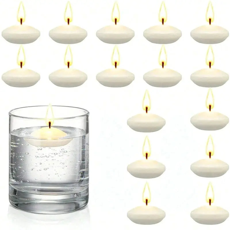 Floating unscented disc candles, 16pcs, arranged around a glass of water for romantic decor