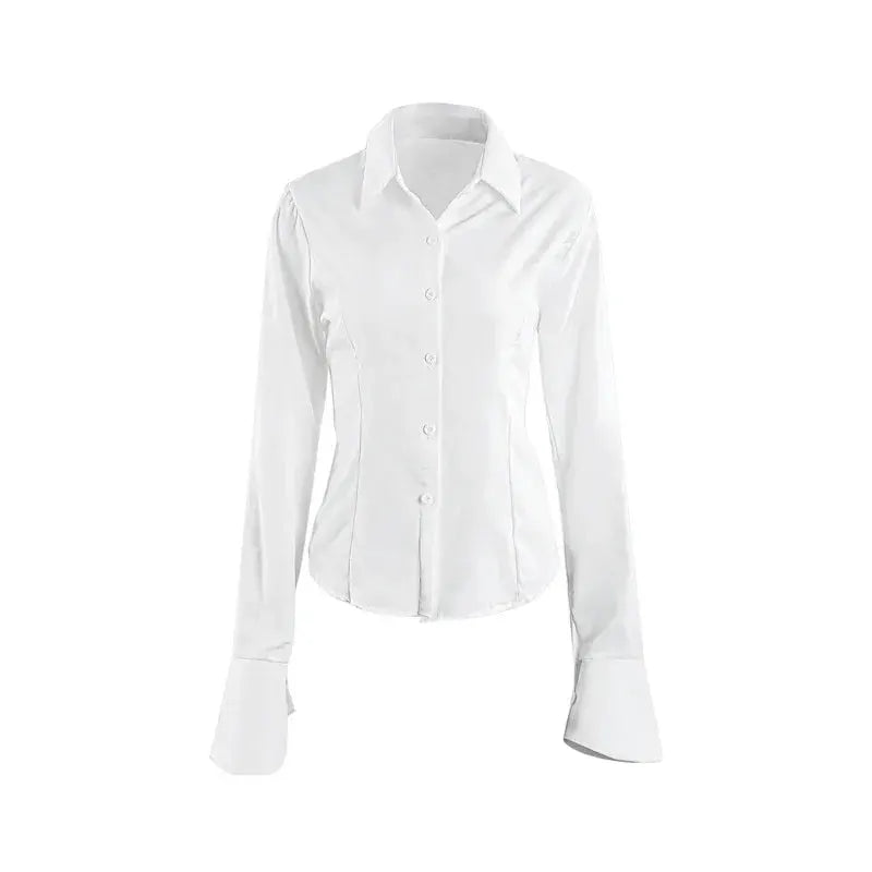 Women's white button-down blouse with slim fit, long sleeves and flared cuffs