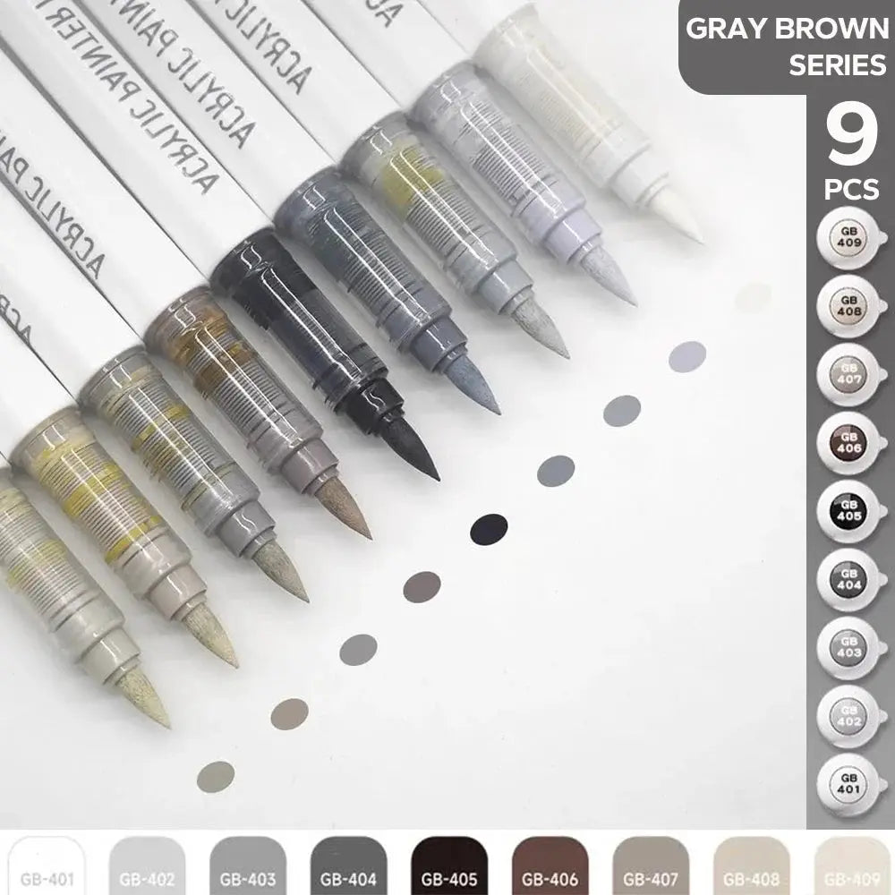 9-piece acrylic brush pen set by Simples Market in gray-brown tones with brush tips.