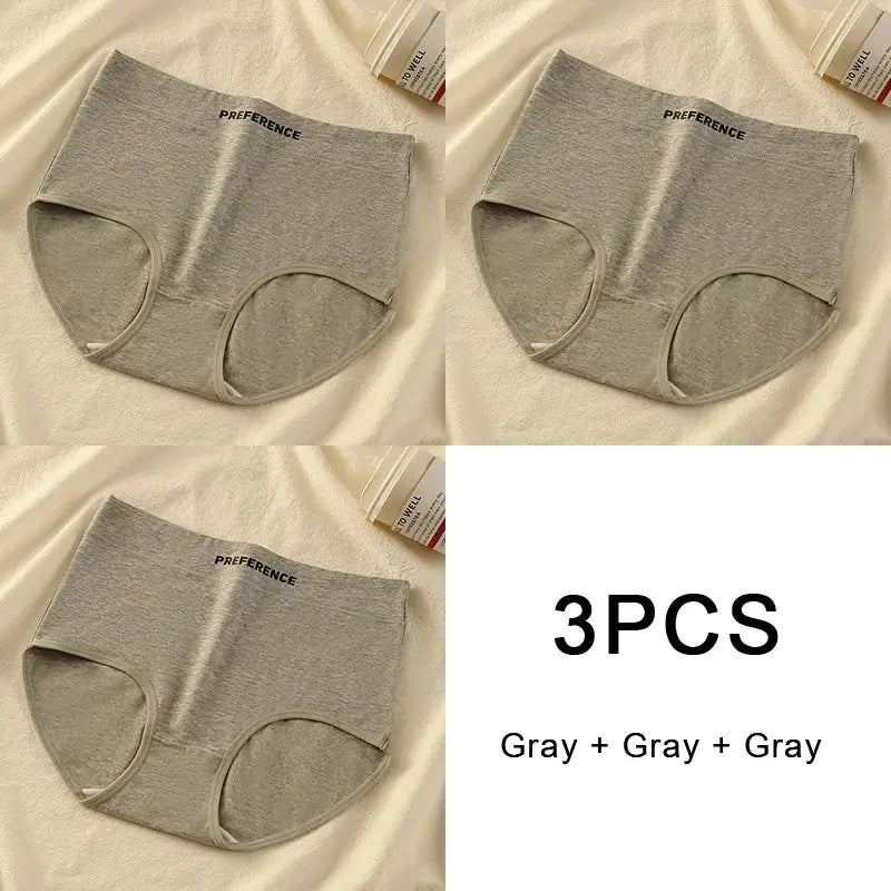 3PCS gray cotton high-waist panties for women, breathable soft underwear with PREFERENCE waistband