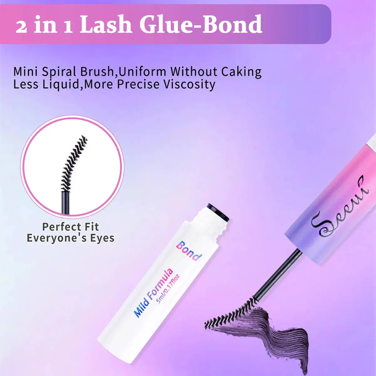 2 in 1 lash glue-bond for eyelash clusters with Simples Market, 5ml mild formula bottle and purple applicator tube