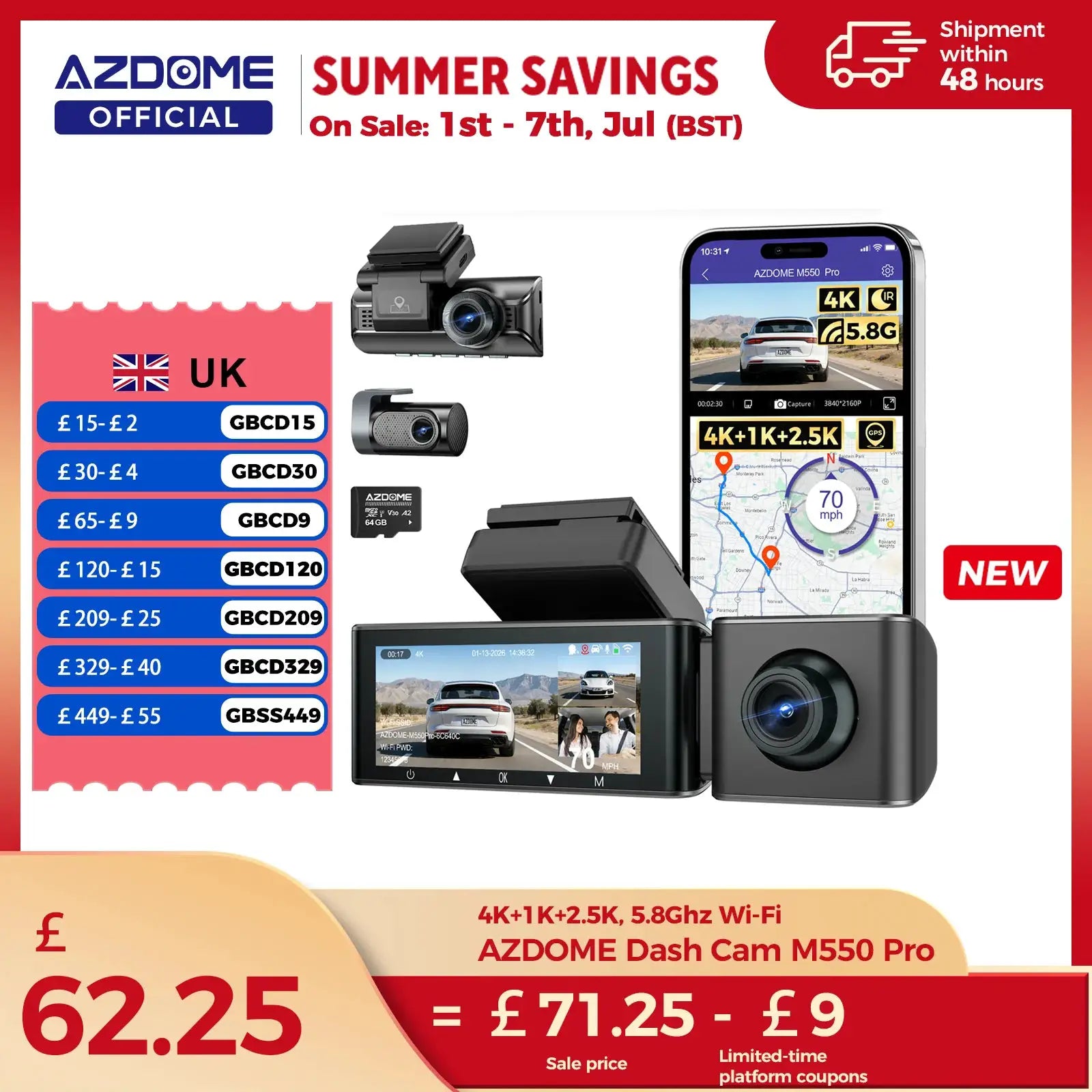 AZDOME M550 Pro dash cam system with 4K+1K+2.5K, 5.8GHz Wi-Fi, GPS, night vision, 3.19in IPS display