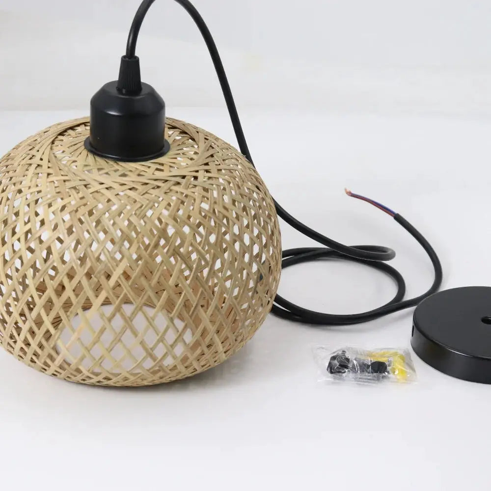 Simples Market bamboo pendant lamp, natural rattan weave, E27 hanging light with black canopy