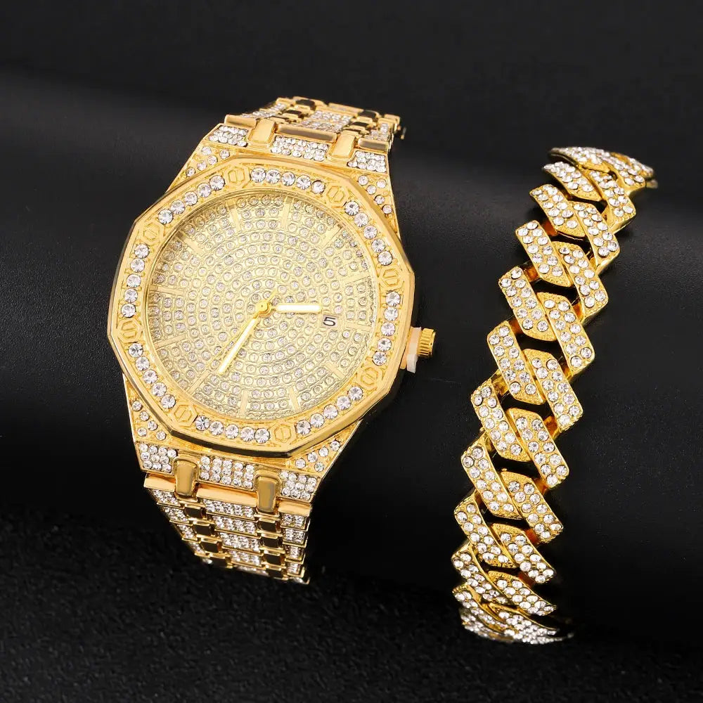 HypeLux Iced Out Mens Gold Watch With 18K Gold Nano Vacuum Plated Finish And Quartz Movement