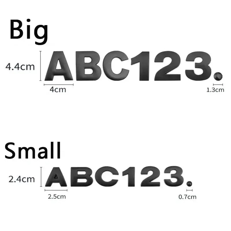 3D metal car decal set with ABC123 letters and numbers, big and small sizes.