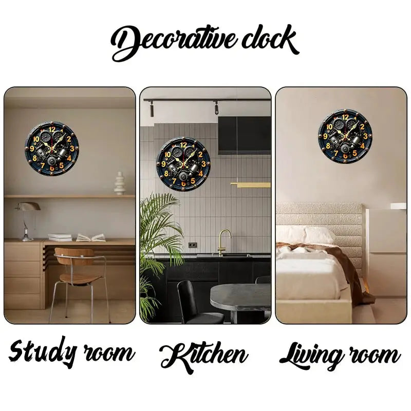 2D flat engine wooden round silent hanging wall clock by Simples Market; three-panel study, kitchen and living room