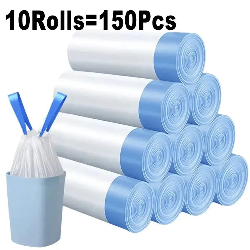 Simples Market drawstring thickened large trash bags in blue-tipped rolls, 10 rolls (150 pcs)