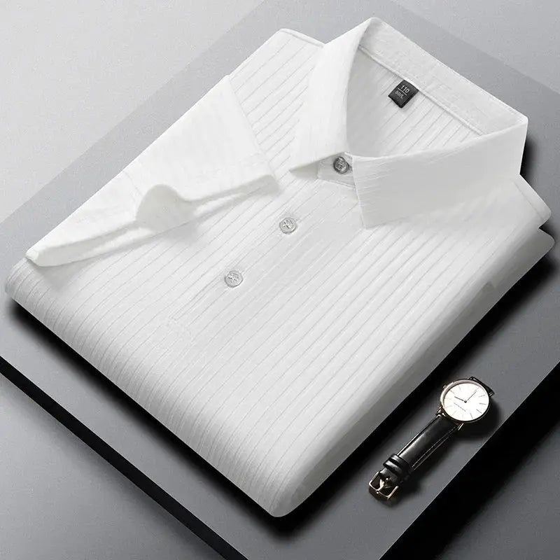 Men's white striped polo shirt with collar, breathable short-sleeve.