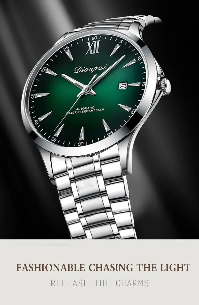 Dianpai men's stainless steel automatic watch with green dial, calendar date window, water resistant