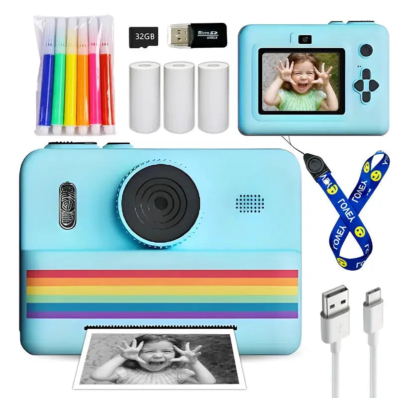 Kids Instant Camera With 32GB Memory Card And Color Pencils Dual Cameras Flashlight Educational Gift For Boys And Girls