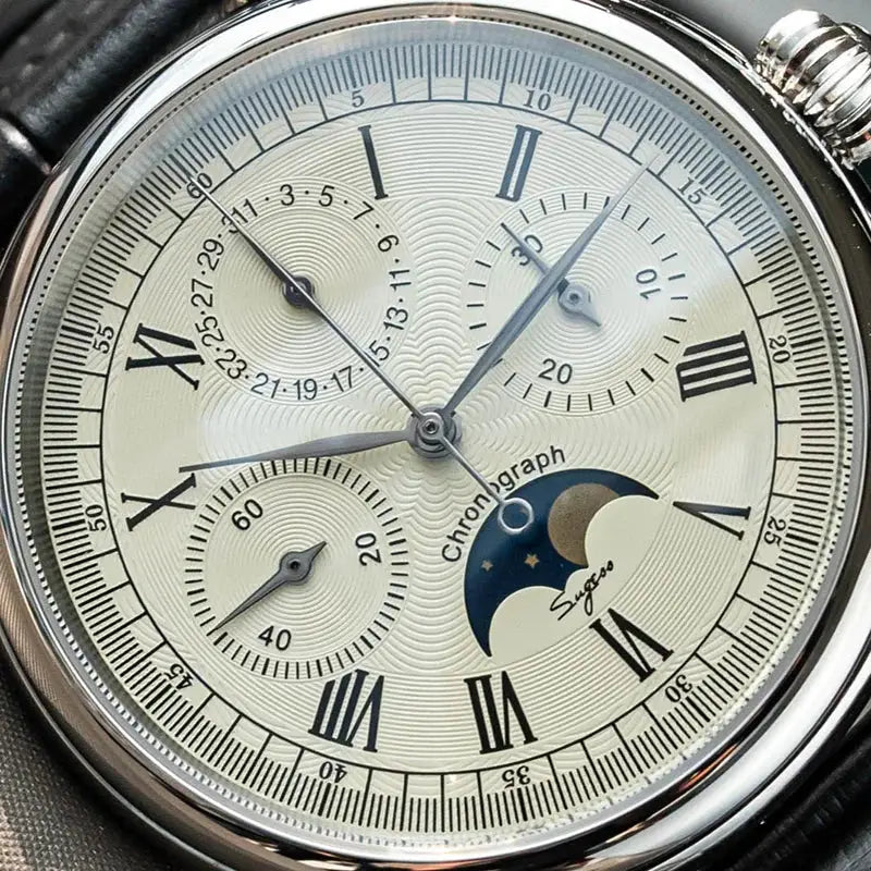 Sugess men's chronograph watch with moonphase, silver dial, black Roman numerals, leather strap