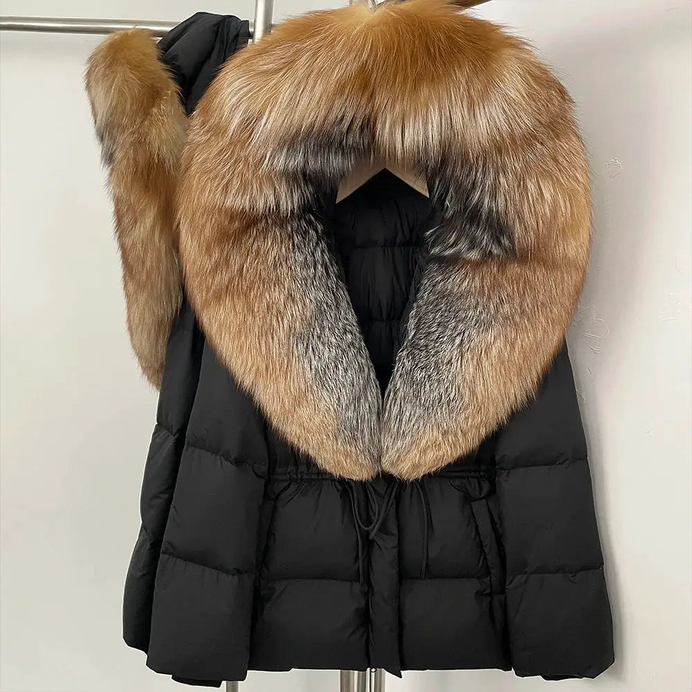 Womens Real Fox Fur Collar Duck Down Coat With Raccoon Fur Trim Hooded Puffer Jacket