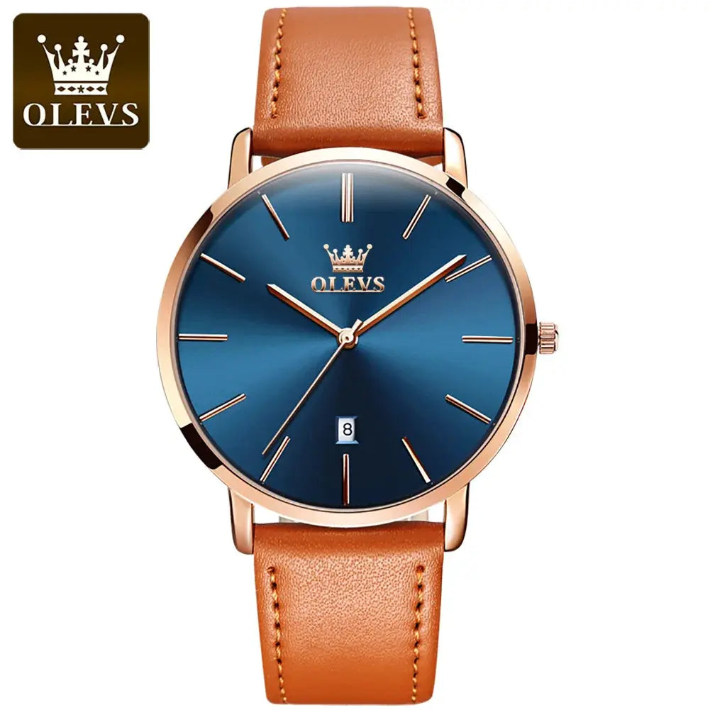 OLEVS men's watch with blue dial, rose-gold case and brown leather strap; date display