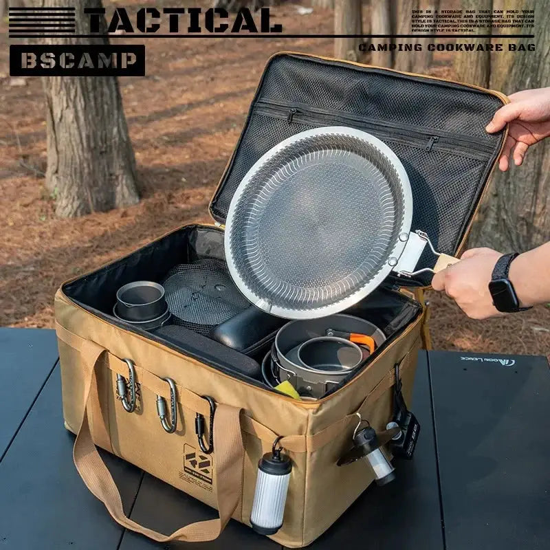 Simples Market tan insulated waterproof tactical camping bag, large-capacity with cookware inside