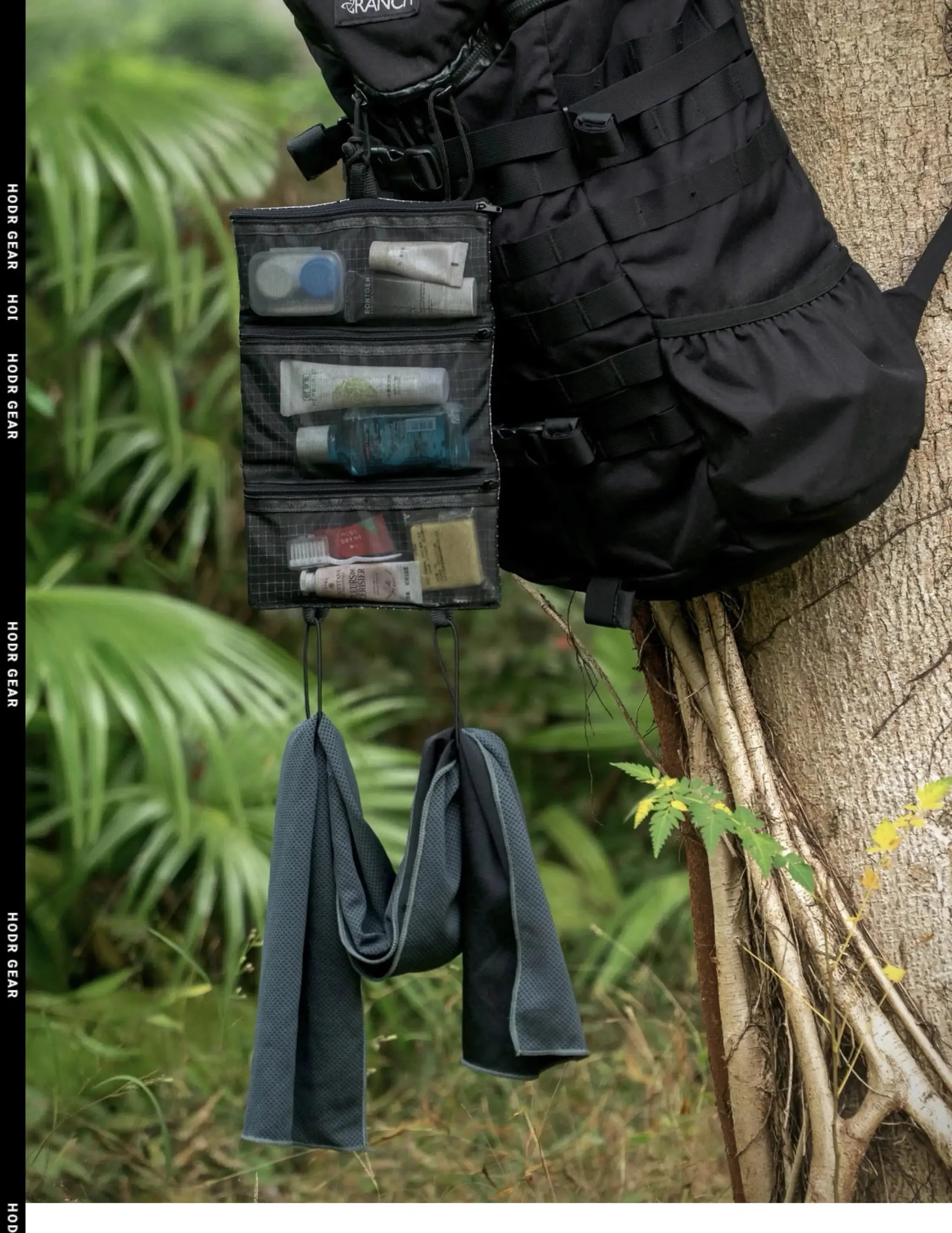 HODRGEAR ultralight toiletries organizer with UHMWPE gridstop, roll-up mesh pouches and YKK zippers on a hiking pack