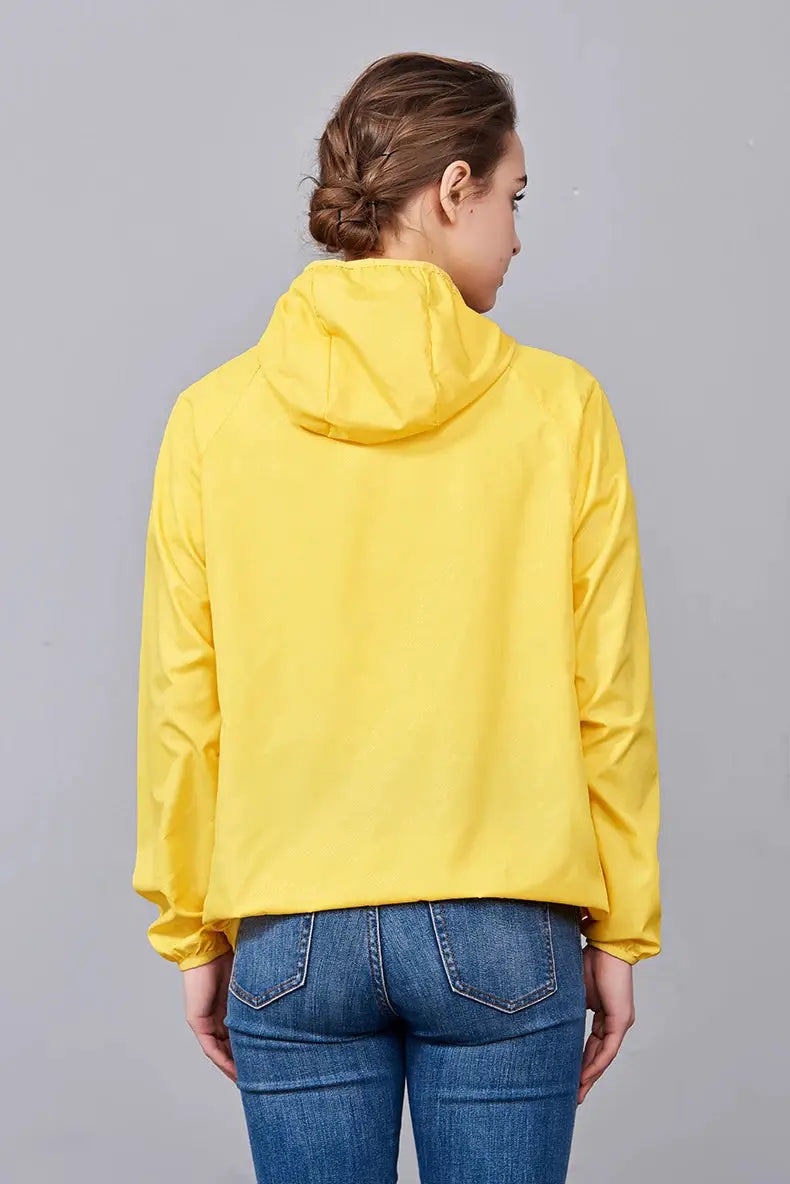 JNLN unisex hiking jacket, yellow waterproof hooded windbreaker.